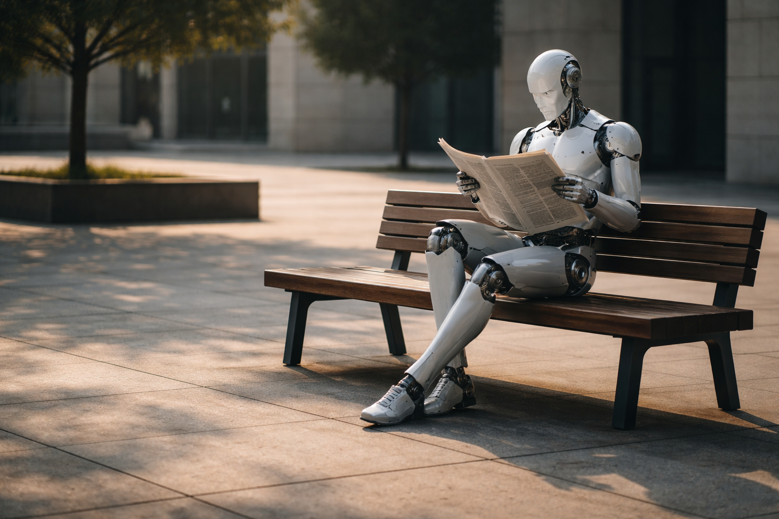 Robô lendo jornal em um parque